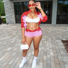 SC Long Sleeve Color Block Sport Two Piece Shorts Set XEF-K25S74489