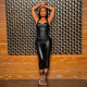 SC Solid Color V Neck Backless Tops Seventh Pants Suit MXBF-J25ST164
