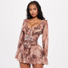 SC Ruffles Long Sleeve Mesh Print Mini Dress MXBF-J25DS180