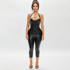 SC Solid Color V Neck Backless Tops Seventh Pants Suit MXBF-J25ST164