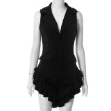SC Lapel Sleeveless Ruffled Solid Romper MXBF-D25RP181