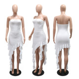 SC Solid Color Ruffles Irregular Midi Dress CYA-901922