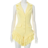 SC Lapel Sleeveless Ruffled Solid Romper MXBF-D25RP181