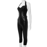 SC Solid Color V Neck Backless Tops Seventh Pants Suit MXBF-J25ST164