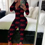 SC Print Deep V Neck Long Sleeve Jumpsuit SHD-9880