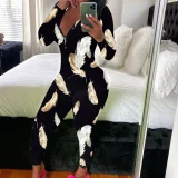 SC Print Deep V Neck Long Sleeve Jumpsuit SHD-9880