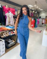 SC Sleeveless Lapel Denim Wide Leg Jumpsuit OSM-6010