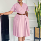 SC Plus Size V Neck Flare Sleeve Midi Dress GCZF-8636
