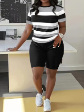SC Stripe Color Block Short Sleeve Shorts Suit SHD-9700