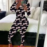 SC Print Deep V Neck Long Sleeve Jumpsuit SHD-9880