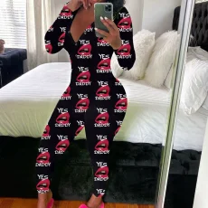 SC Print Deep V Neck Long Sleeve Jumpsuit SHD-9880