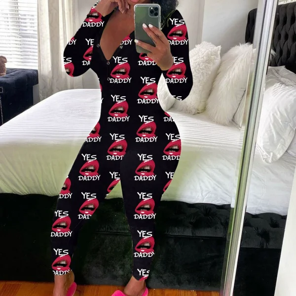 SC Print Deep V Neck Long Sleeve Jumpsuit SHD-9880