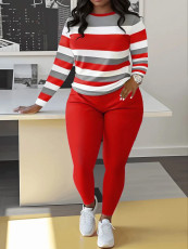 SC Stripe Print Long Sleeve Two Piece Pants Set SHD-9698