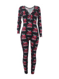 SC Print Deep V Neck Long Sleeve Jumpsuit SHD-9880