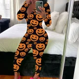 SC Print Deep V Neck Long Sleeve Jumpsuit SHD-9880