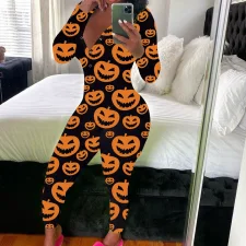 SC Print Deep V Neck Long Sleeve Jumpsuit SHD-9880