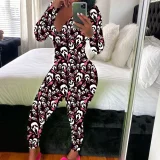 SC Print Deep V Neck Long Sleeve Jumpsuit SHD-9880