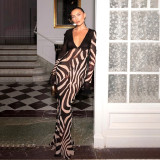 SC Contrast Color Print V Neck Mesh Maxi Dress XEF-K25D76501