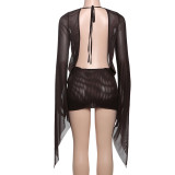SC Deep V Neck Tie Up Solid Color Mini Dress XEF-K24D61286