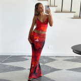 SC Print Sling Tops Ang Long Skirts Two Piece Set XEF-K24S44108