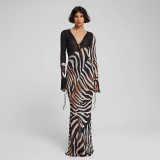 SC Contrast Color Print V Neck Mesh Maxi Dress XEF-K25D76501