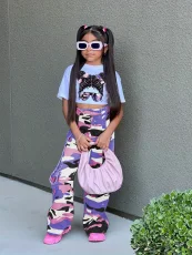 SC Kids Girl Cartoon Print T Shirt Camouflage Print Pants Suit GYMF-YM160