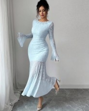 SC Solid Color Flare Long Sleeve Fishtail Dress GXIN-8857