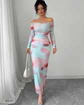 SC Print Off Shoulder Long Sleeve Maxi Dress GXIN-8853