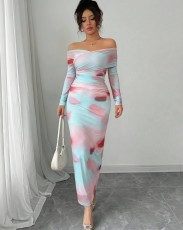 SC Print Off Shoulder Long Sleeve Maxi Dress GXIN-8853