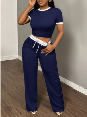 SC Short Sleeve Contrast Color Loose Two Piece Pants Set GYXF-6666