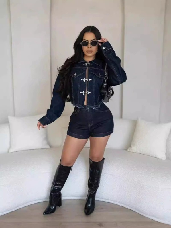 SC Long Sleeve Denim Coat Two Piece Shorts Set XCFF-6327