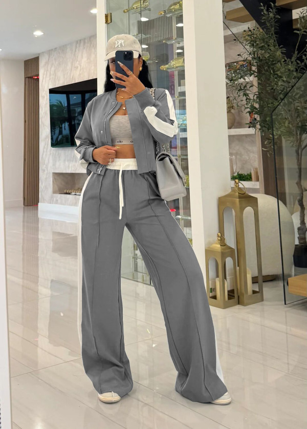 SC Long Sleeve Solid Color Tops Wide Leg Pants Suit TR-1338