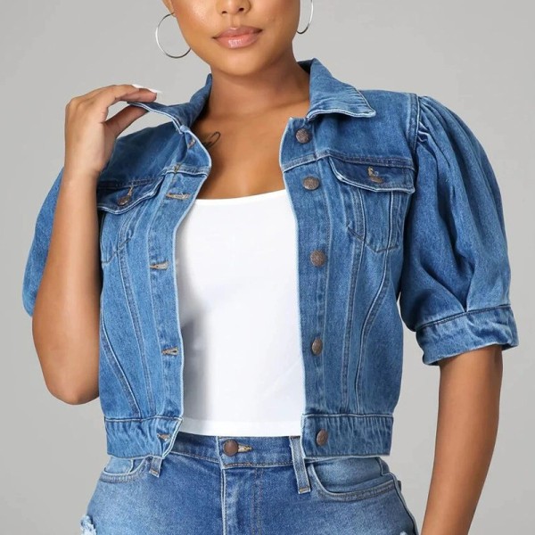 SC Plus Size Half Puff Sleeve Denim Jacket XCFF-1066