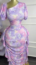 SC Puff Sleeve Slash Neck Ruffles Bodycon Dress GXIN-8859