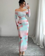 SC Print Off Shoulder Long Sleeve Maxi Dress GXIN-8853