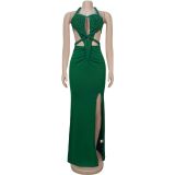 SC Knit Halterneck Backless Solid Color Maxi Dress BY-7407