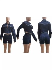 SC Long Sleeve Denim Coat Two Piece Shorts Set XCFF-6327