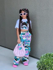 SC Kids Girl Cartoon Print T Shirt Camouflage Print Pants Suit GYMF-YM160