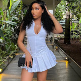 SC Sleeveless Zipper Lapel Pleated Mini Dress GJYO-JD301010