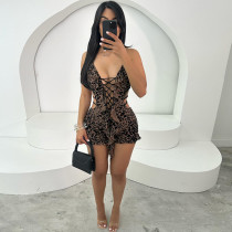 SC Print Hollow Out Tie Up Skinny Romper GXBQ- K24Q60762