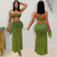SC Sexy Wrap Chest Pleated Mesh Two Piece Skirts Set BY-7456