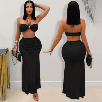 SC Sexy Wrap Chest Pleated Mesh Two Piece Skirts Set BY-7456