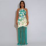 SC Print Backlesss Tassel Long Dress GTYZ-7581
