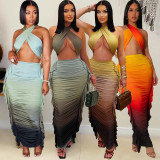 SC Gradient Print Wrap Chest Pleated Two-piece Skirts Set GTYZ-7571