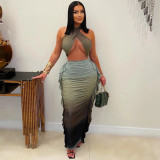 SC Gradient Print Wrap Chest Pleated Two-piece Skirts Set GTYZ-7571
