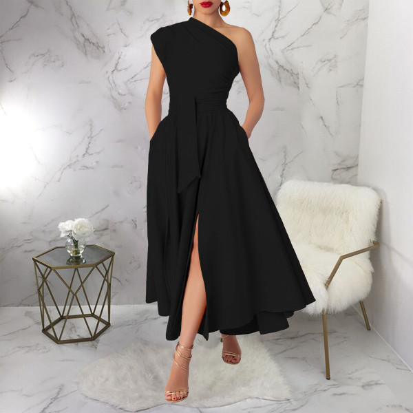 SC Sleeveless Slash Neck Solid Maxi Dress YF-20011