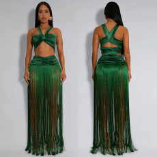 SC Sexy Sleeveless Wrap Chest Tassel Long Skirts Suit BY-7438