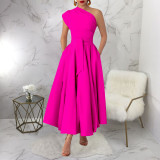 SC Sleeveless Slash Neck Solid Maxi Dress YF-20011