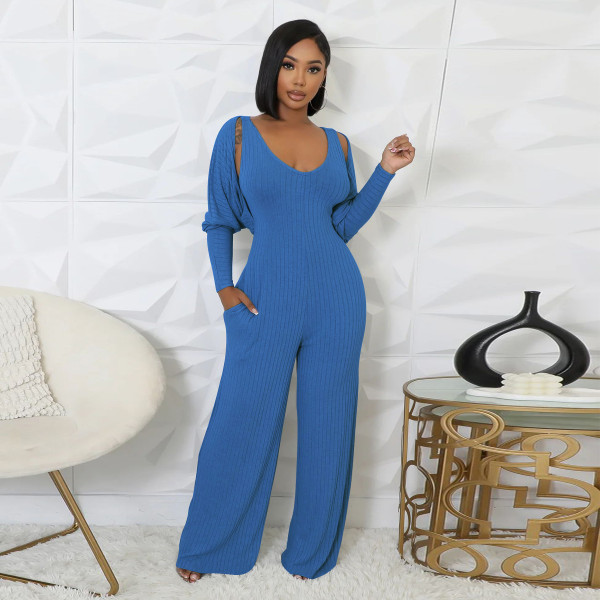 SC Long Sleeve Solid Color Tops+Jumpsuit 2 Piece Set YF-10794
