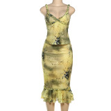 SC V Neck Print Two Piece Skirts Set DLSF-K25S74680